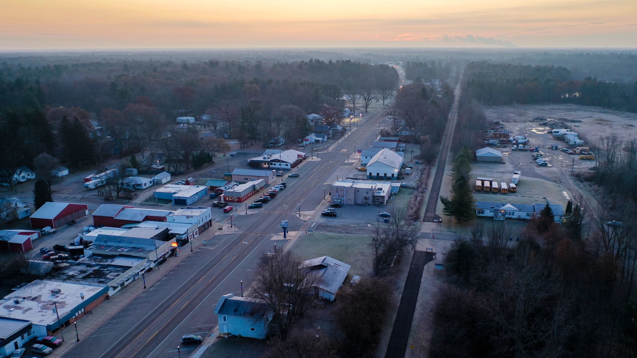 Aerial view of a Michigan town at sunrise
