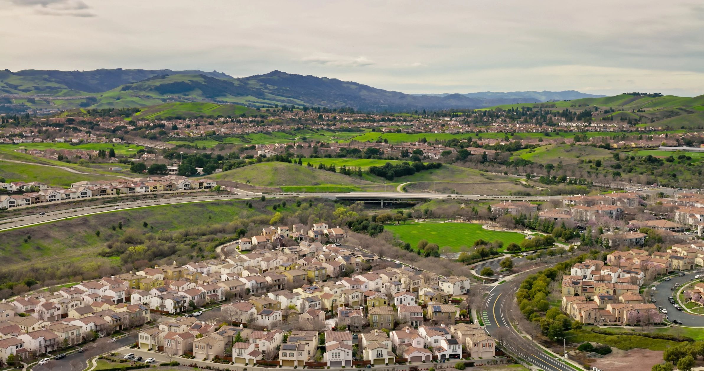 Aerial view of a residential neighborhood